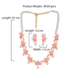 Gold Plated Lotus Designer Pearl Necklace Set with Pink Enamel for Girls and Women