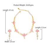 Gold Plated Gorgeous Lotus Designer Pearl Drop Necklace Set with Pink Enamel for Girls and Women