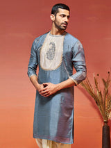 Men's Grey Embroidered Sequinned Patchwork Festive Kurta