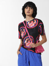 Women's Black Knitted Casual Printed Regular Fit Half Sleeves Tshirt