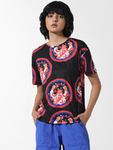 Women's Black Knitted Casual Printed Regular Fit Half Sleeves Tshirt