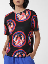 Women's Black Knitted Casual Printed Regular Fit Half Sleeves Tshirt
