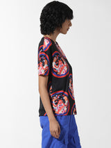 Women's Black Knitted Casual Printed Regular Fit Half Sleeves Tshirt