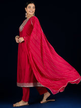 Women's Red Gracefully Crafted with Zari Embroidery Kurta Set with Trouser and Dupatta