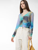 Women's Blue Woven Casual Solid Cropped Full Sleeves Top