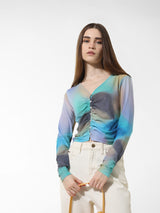 Women's Blue Woven Casual Solid Cropped Full Sleeves Top
