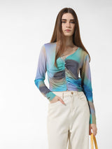 Women's Blue Woven Casual Solid Cropped Full Sleeves Top
