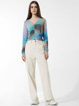 Women's Blue Woven Casual Solid Cropped Full Sleeves Top