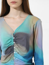 Women's Blue Woven Casual Solid Cropped Full Sleeves Top