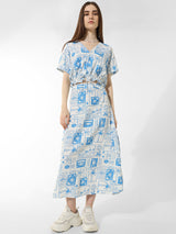 Women's Blue Woven Casual Printed Maxi Length Skirt