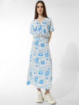 Women's Blue Woven Casual Printed Maxi Length Skirt