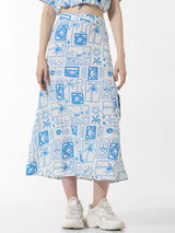 Women's Blue Woven Casual Printed Maxi Length Skirt
