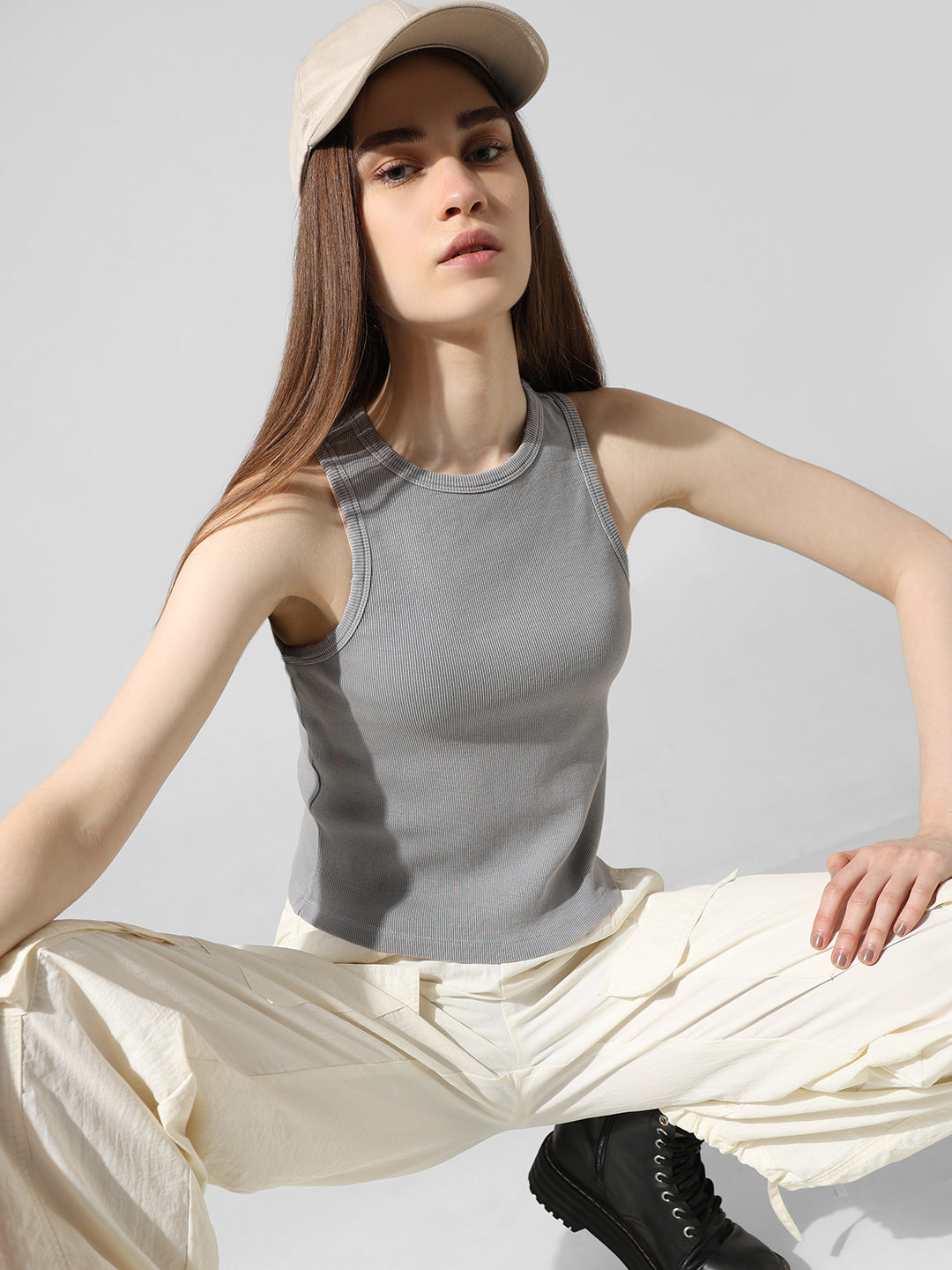 Women's Gray Knitted Casual Solid Cropped Top