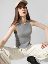 Women's Gray Knitted Casual Solid Cropped Top