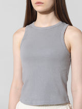 Women's Gray Knitted Casual Solid Cropped Top