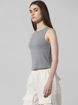Women's Gray Knitted Casual Solid Cropped Top