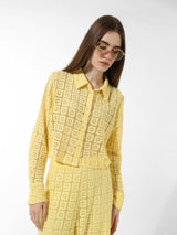 Women's Yellow Woven Casual Solid Cropped Full Sleeves Shirt