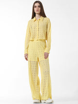 Women's Yellow Woven Casual Solid Cropped Full Sleeves Shirt
