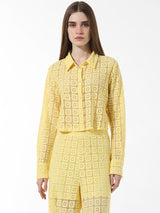 Women's Yellow Woven Casual Solid Cropped Full Sleeves Shirt
