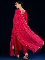 Women's Red Gracefully Crafted with Zari Embroidery Kurta Set with Trouser and Dupatta