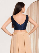 Women's Navy Mulbury Silk Padded Back Open Sleeveless Saree Blouse