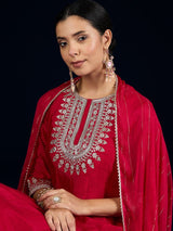 Women's Red Gracefully Crafted with Zari Embroidery Kurta Set with Trouser and Dupatta