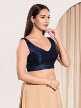 Women's Navy Mulbury Silk Padded Back Open Sleeveless Saree Blouse