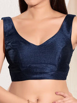Women's Navy Mulbury Silk Padded Back Open Sleeveless Saree Blouse