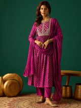 Women's Purple Bandhani Printed Anarkali with Zari-Embroidered Yoke Paired with Solid Trouser and Dupatta