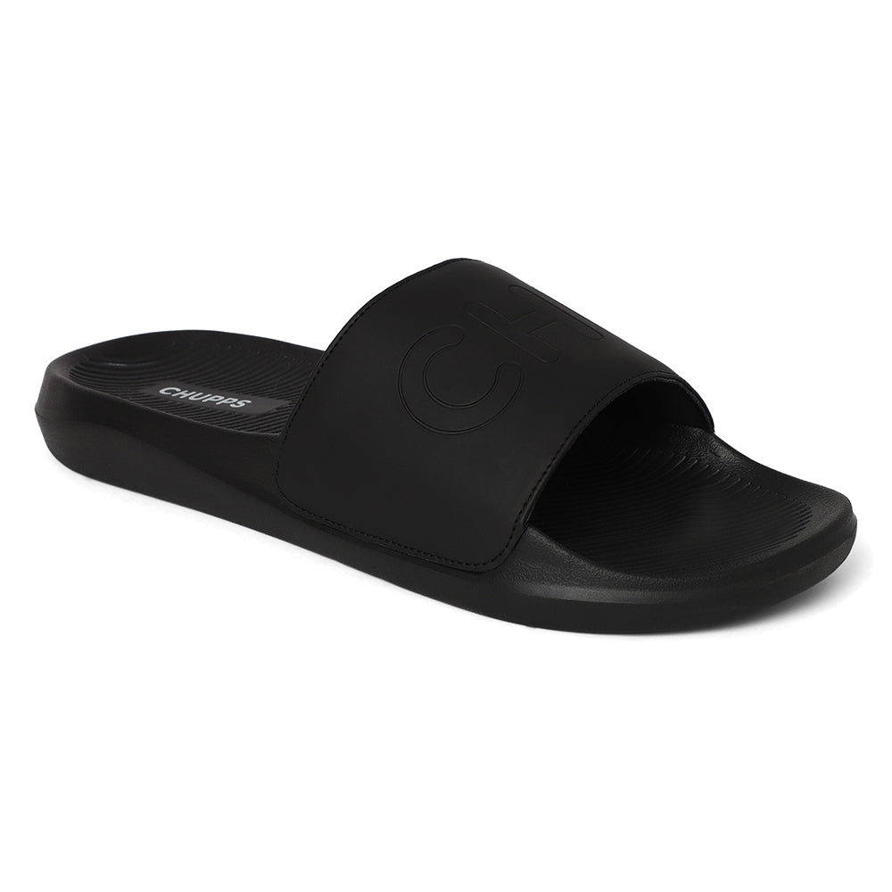 Women's Pure Black Round Toe Polyurethane Casual Slides