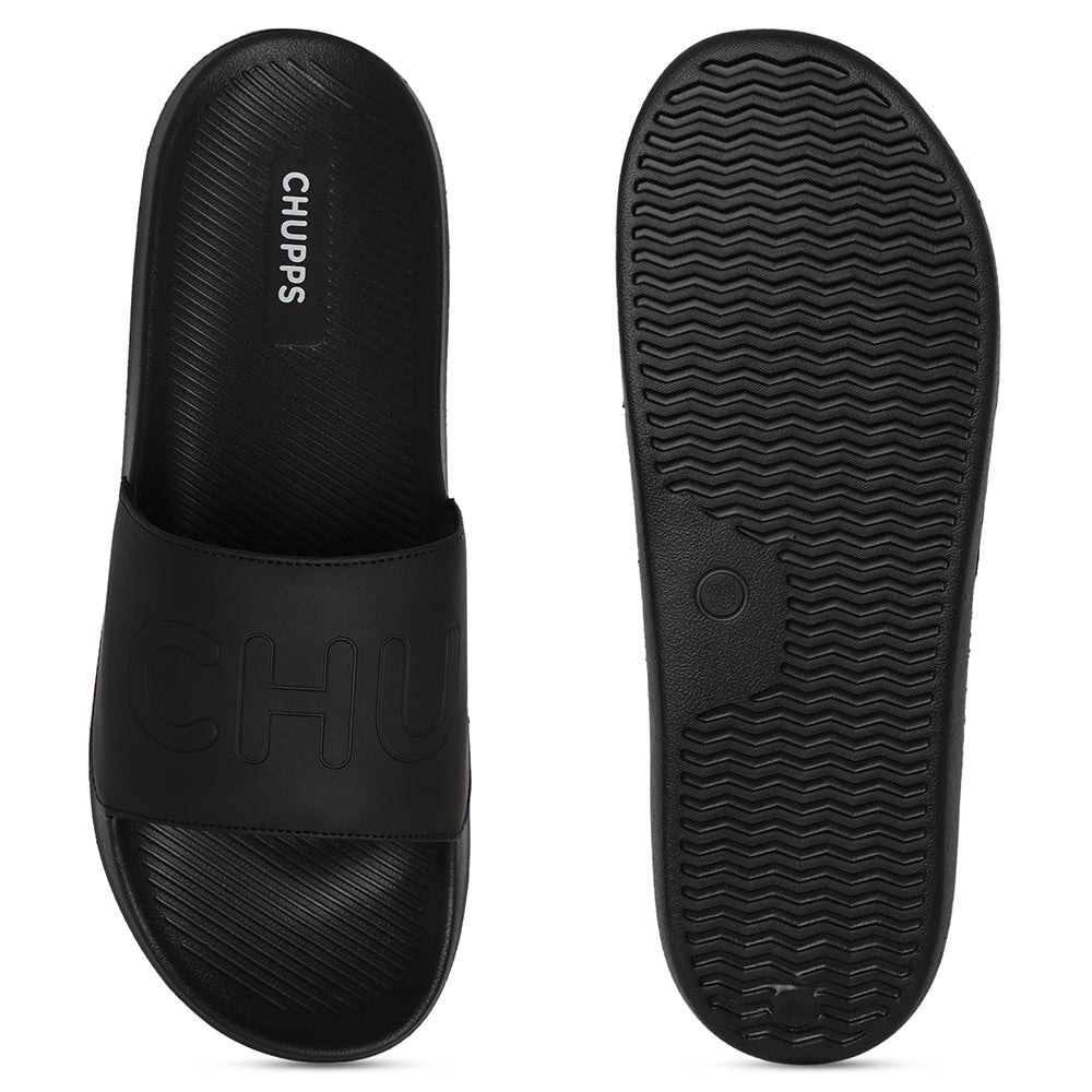 Women's Pure Black Round Toe Polyurethane Casual Slides
