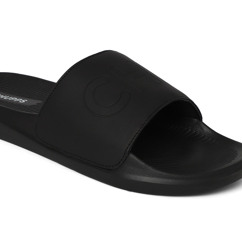 Women's Pure Black Round Toe Polyurethane Casual Slides