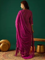 Women's Purple Bandhani Printed Anarkali with Zari-Embroidered Yoke Paired with Solid Trouser and Dupatta
