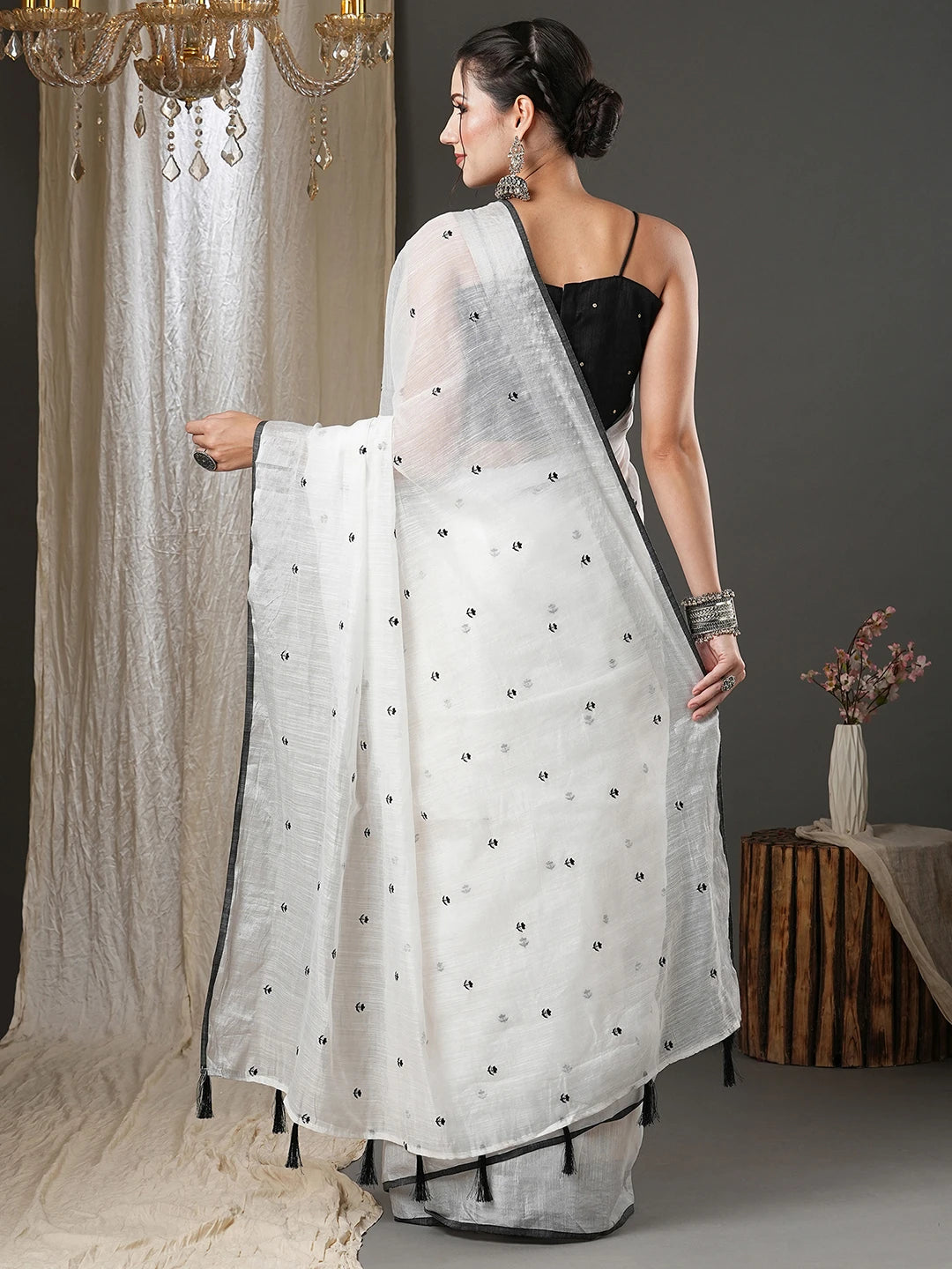Women's Cotton Silk White Embroidered Designer Saree with Blouse Piece