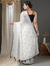 Women's Cotton Silk White Embroidered Designer Saree with Blouse Piece