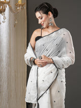 Women's Cotton Silk White Embroidered Designer Saree with Blouse Piece
