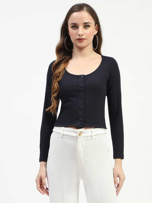 Women's Navy Casual Solid Top