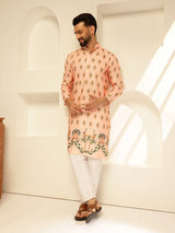 Men's Peach Cotton Daman Print Long Kurta with Krochet Embroidery