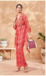 Women's Red Casual Regular Fit Printed Three Quarter Sleeves Co-Ord Sets