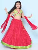 Girls Green and Pink Ethnic Sleeveless Woven Design Choli and Lehenga with Dupatta