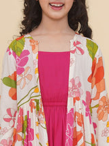 Girls Multicolor Digital Printed Fit & Flared Dress with Printed Jacket