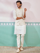 Men's White Rayon Floral Embroidered Full Sleeves Nehru Jacket