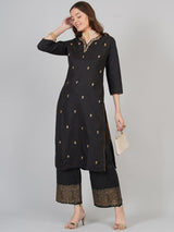 Women's Black Ethnic Three Quarter Sleeves Kurta with Palazzo