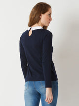 Women's Navy Blue Collared Round Neck Full Sleeves Cotton Solid Button Top
