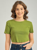 Women's Green Casual Slim Fit Solid Top