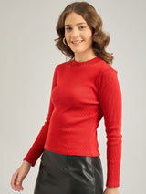 Women's Red Casual Slim Fit Solid Top