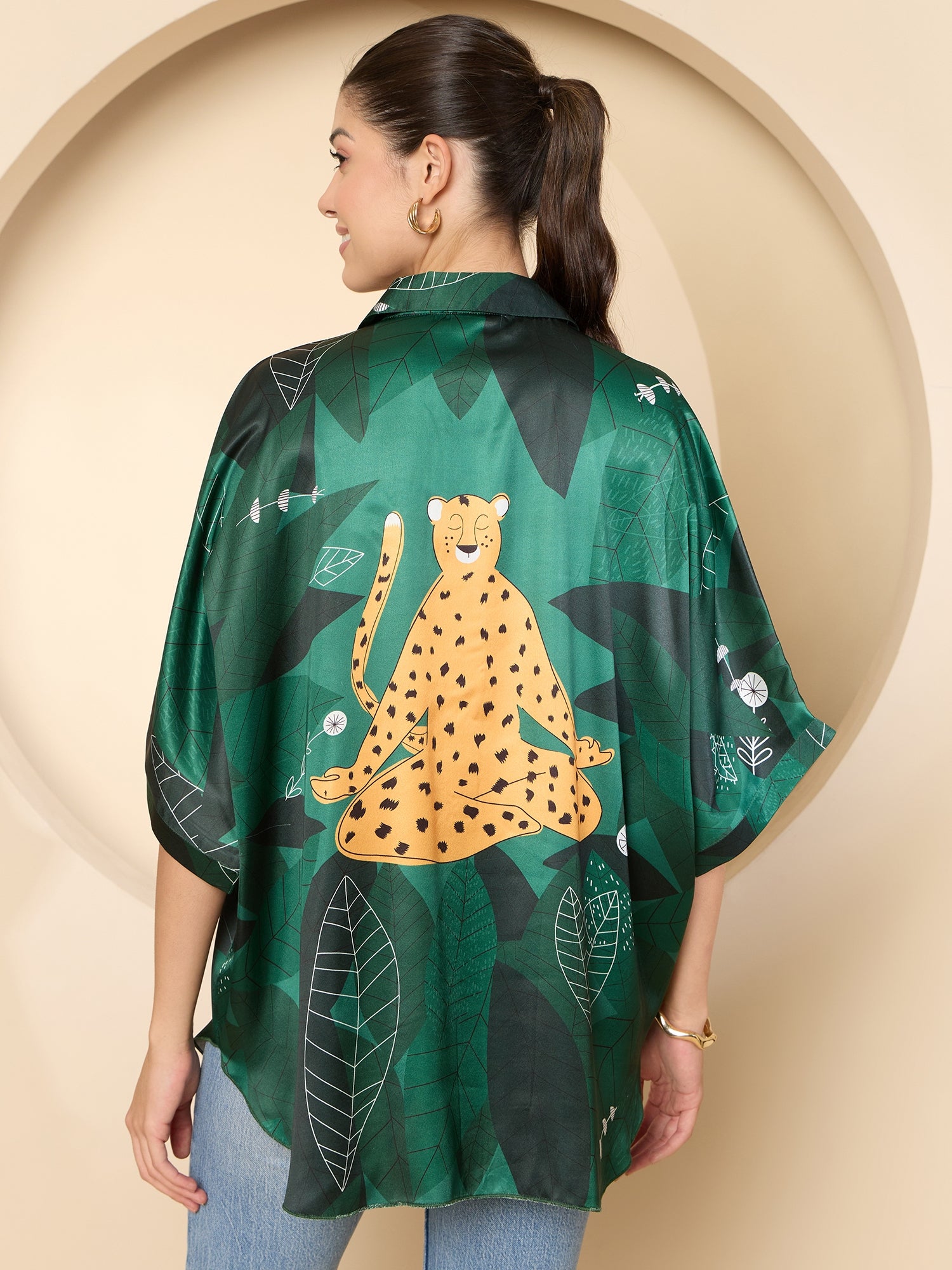 Women's Green Casual Kimono Sleeve Shirt Style Top
