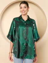 Women's Green Casual Kimono Sleeve Shirt Style Top