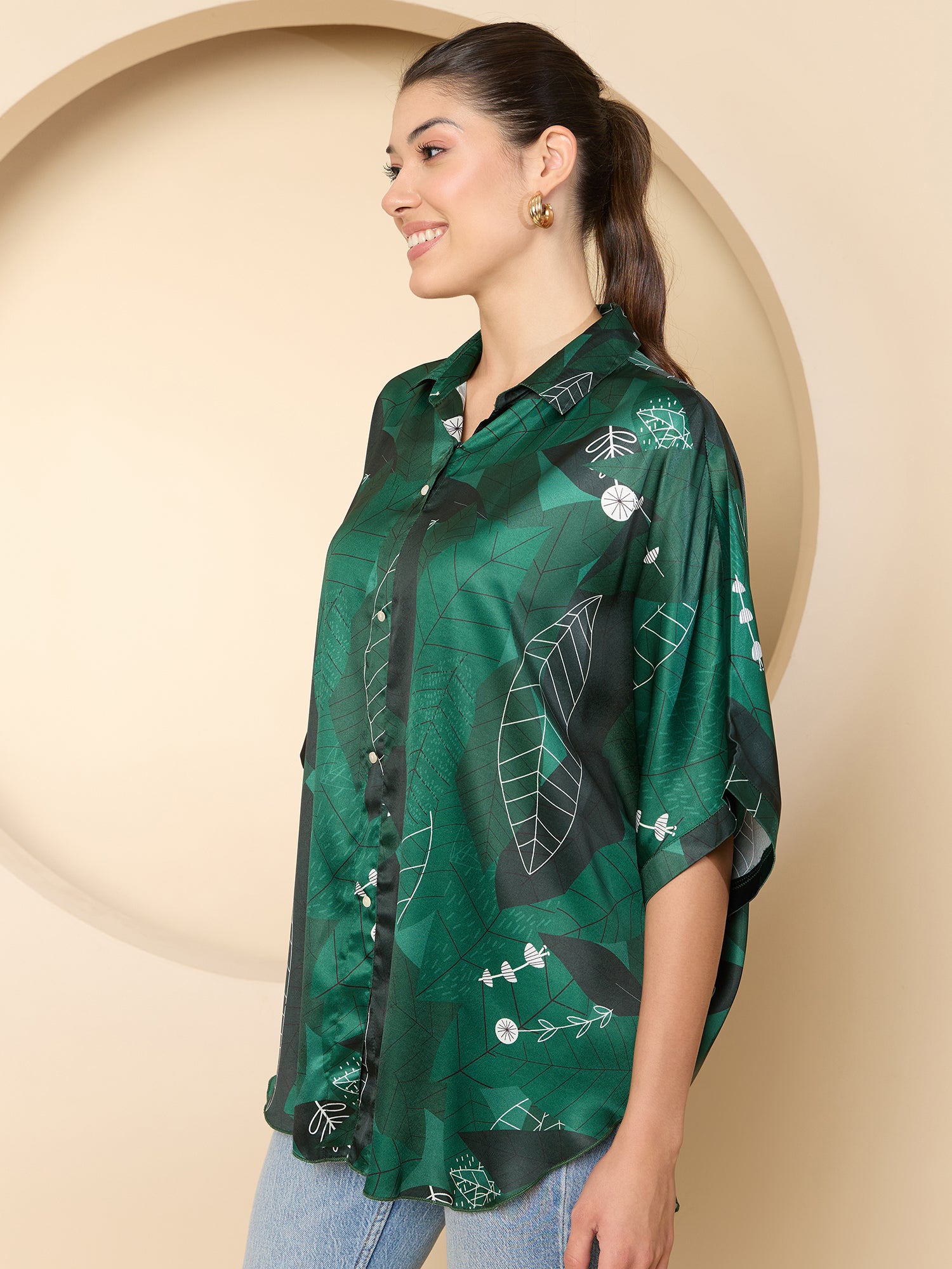 Women's Green Casual Kimono Sleeve Shirt Style Top