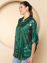 Women's Green Casual Kimono Sleeve Shirt Style Top